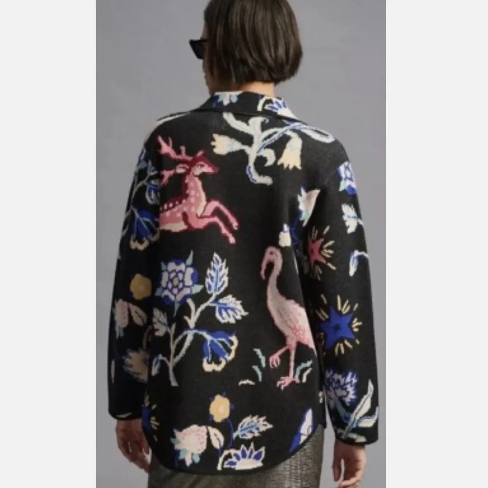 183 Anthropologie Icon Sweater Coat Jacket Deer Flamingo Animals Black size M - Picture 2 of 12